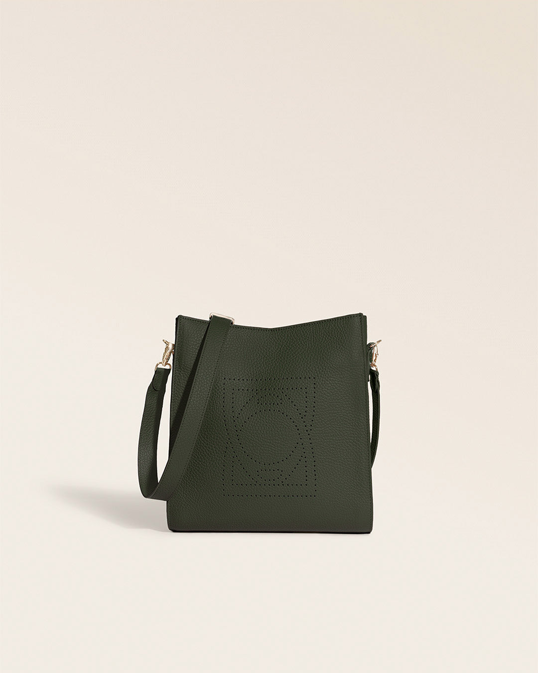 Le sac Mini Étrivière Renouard en cuir façon vigogne kaki et bandoulière cuir, vu de face en studio.