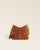 Notre sac Cob Renouard dans sa version Mini modèle, en cuir veau velours noisette et bandoulière cuir ; vu de face en studio.